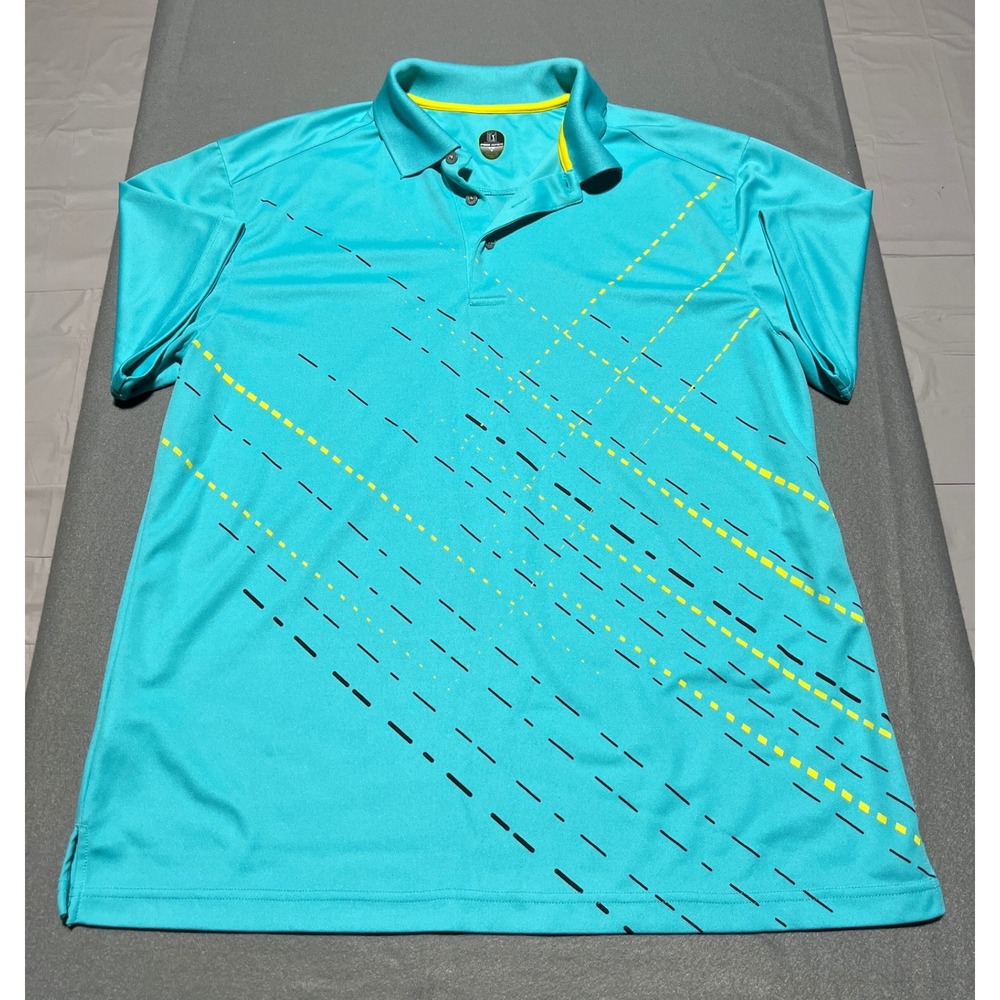 PGA Tour Pro Series Mens Large Turquoise Blue Yellow Dash Print Golf Polo Shirt